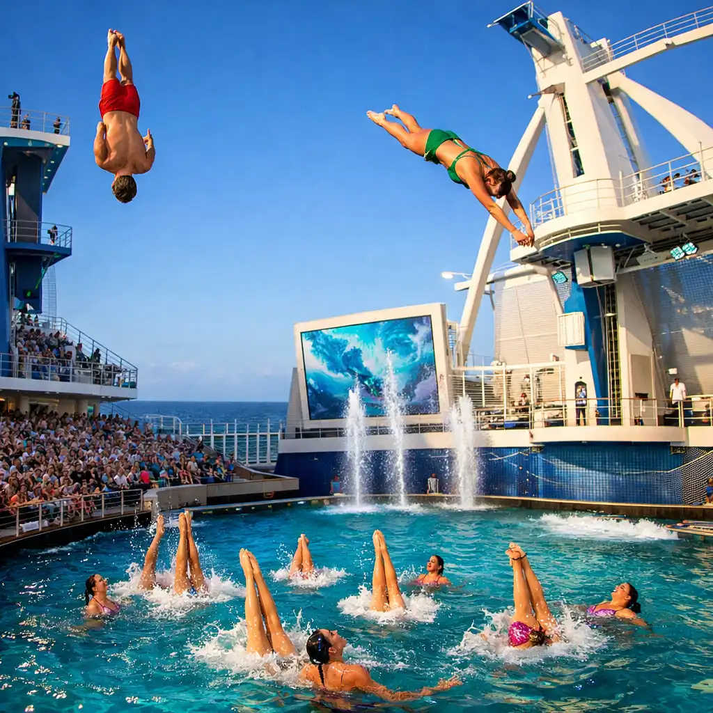 Outdoor AquaTheater show with acrobats diving into a pool while synchronized swimmers perform