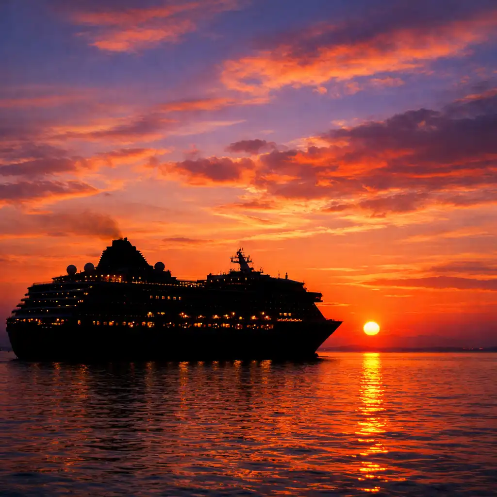 A cruise ship sailing through calm waters at sunset
