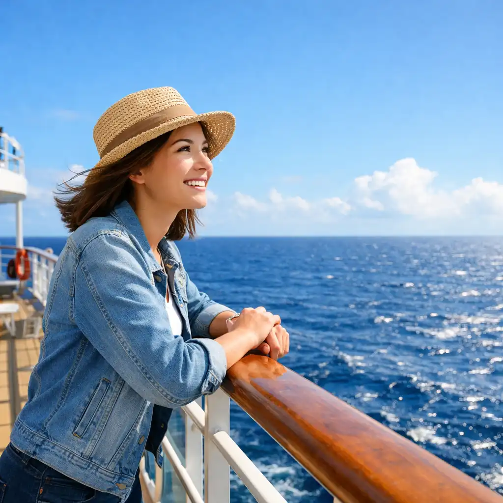 A first-time cruiser looking out at the ocean from the ship's railing
