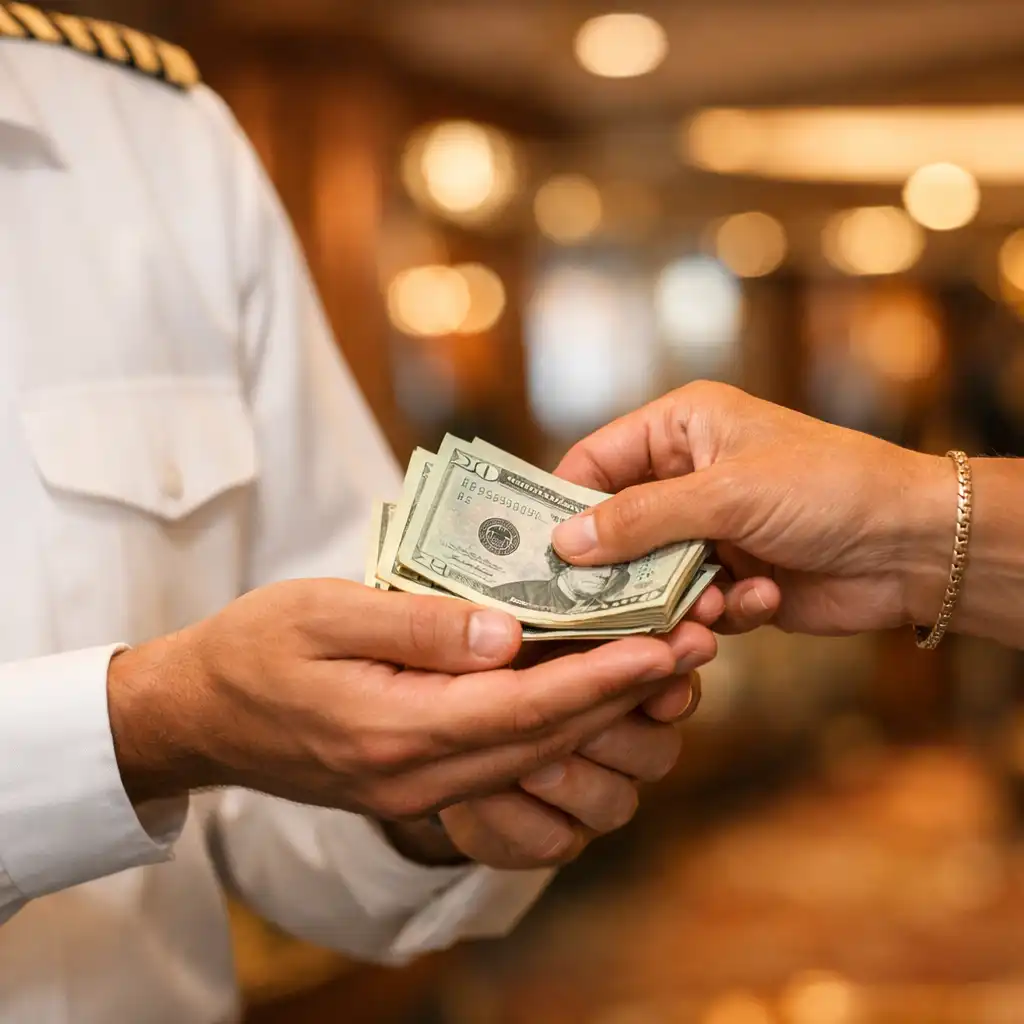 A crew member receiving a tip from a passenger