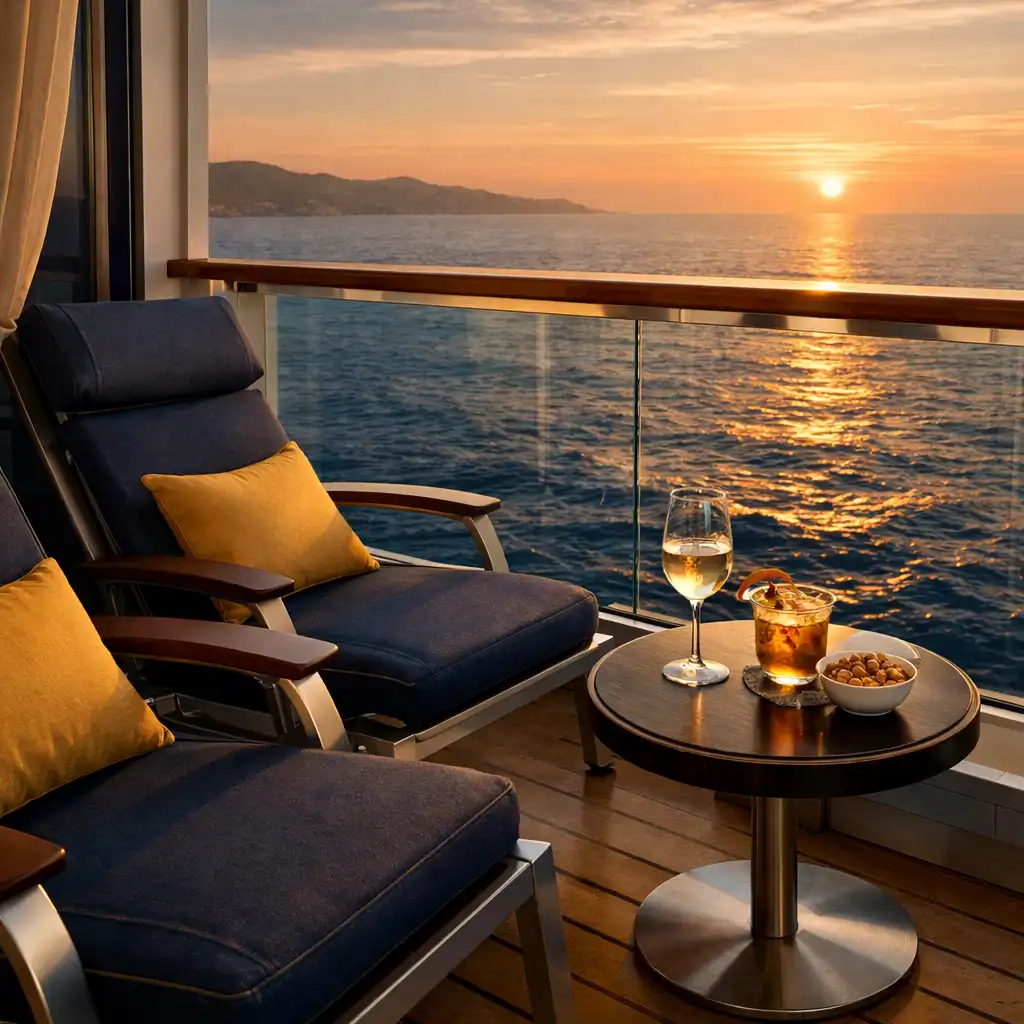 Close-up of a private cruise ship balcony with lounge chairs and a glass railing overlooking the ocean at sunset