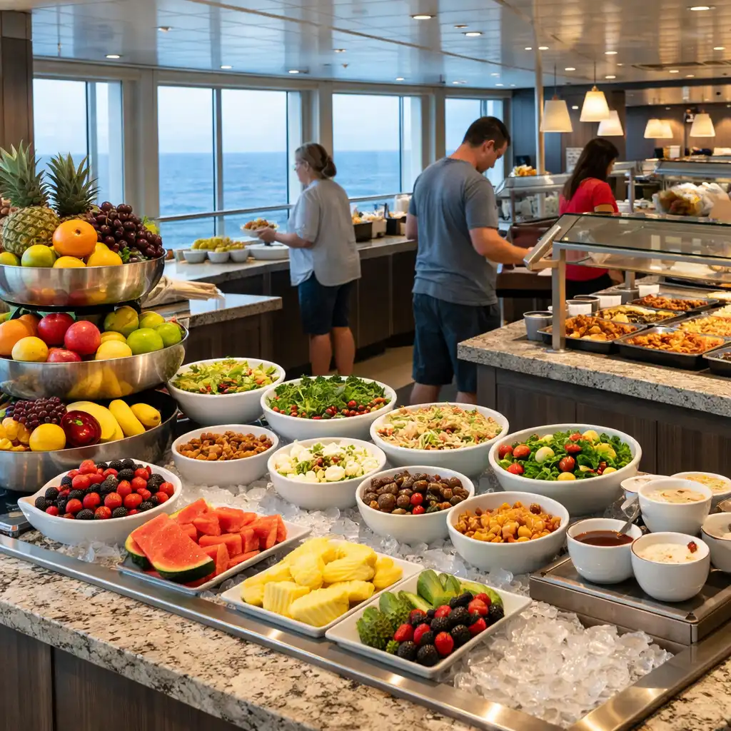 Modern cruise ship buffet with fresh fruit, salads, and hot dishes near large ocean-view windows