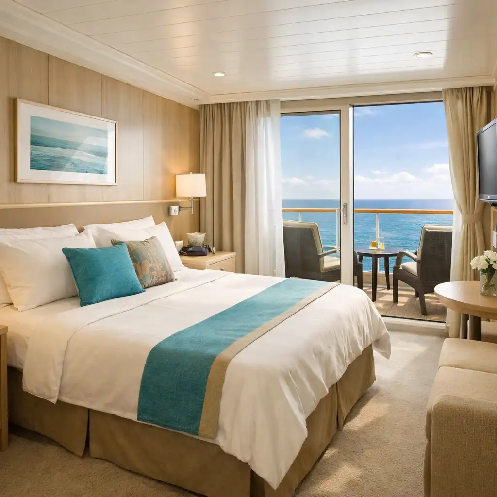 A bright modern balcony cabin with ocean view and private balcony