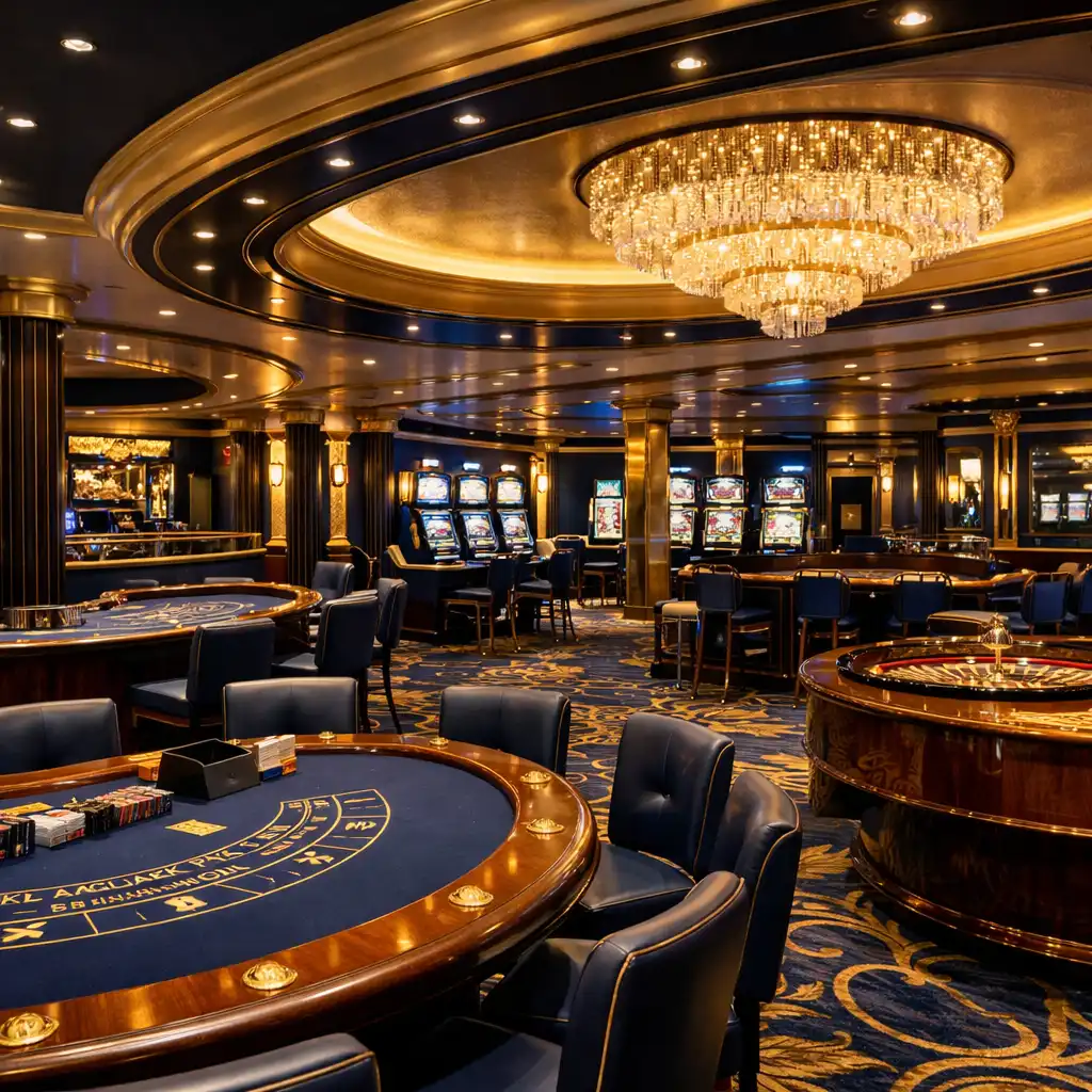 A luxurious cruise ship casino interior with gaming tables and slot machines