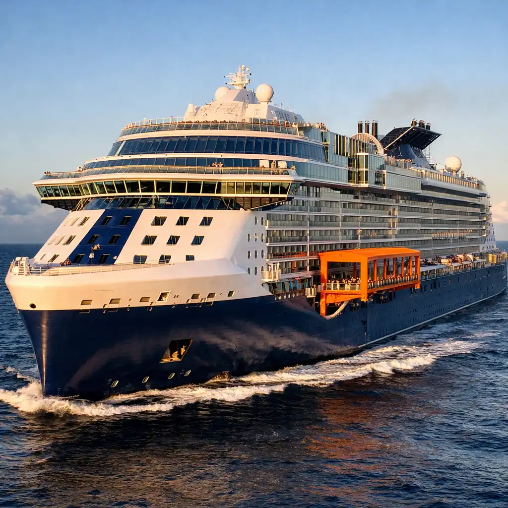 Celebrity Edge cruise ship at sea with its distinctive orange Magic Carpet platform