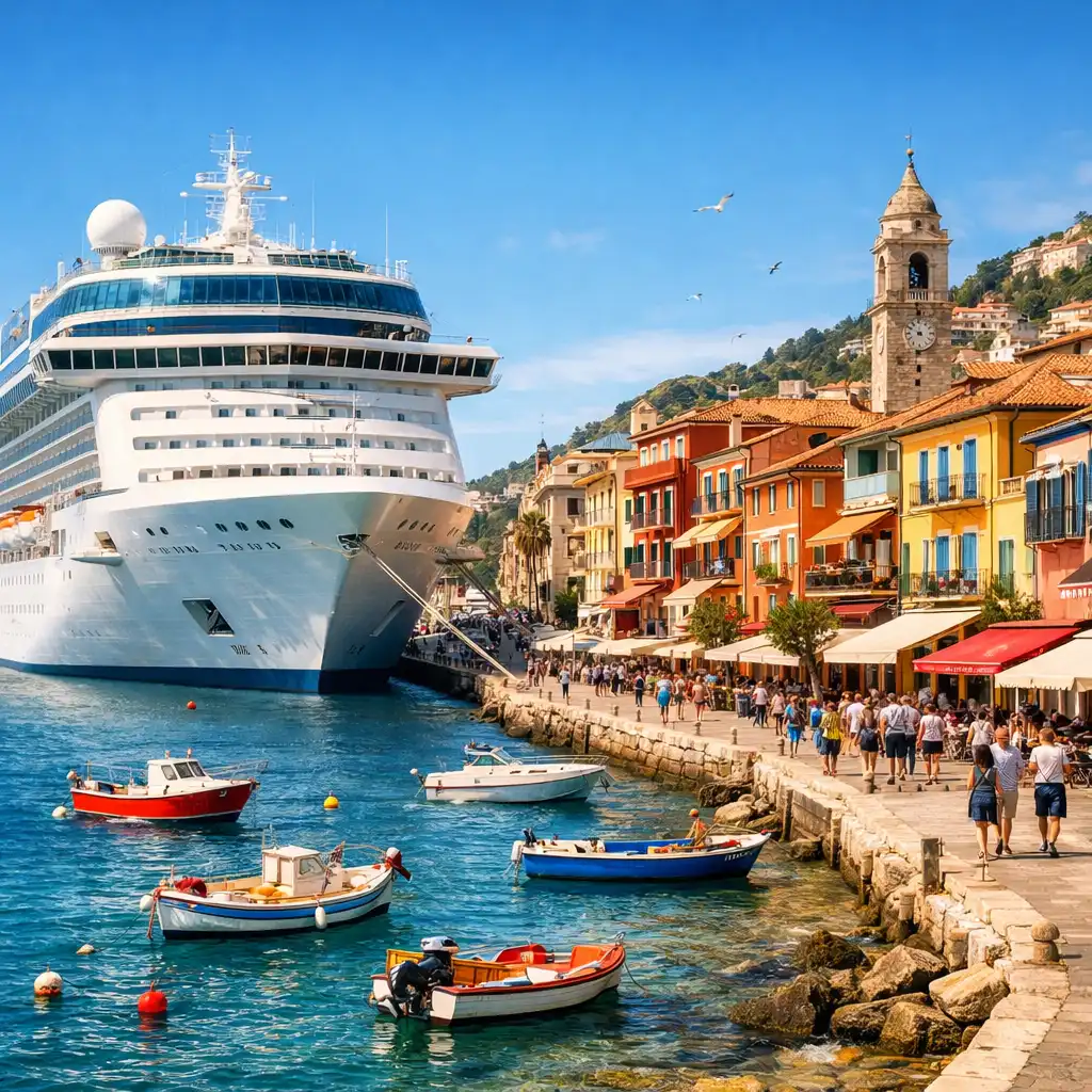 A vibrant coastal city port with a cruise ship docked alongside a promenade lined with colourful buildings.