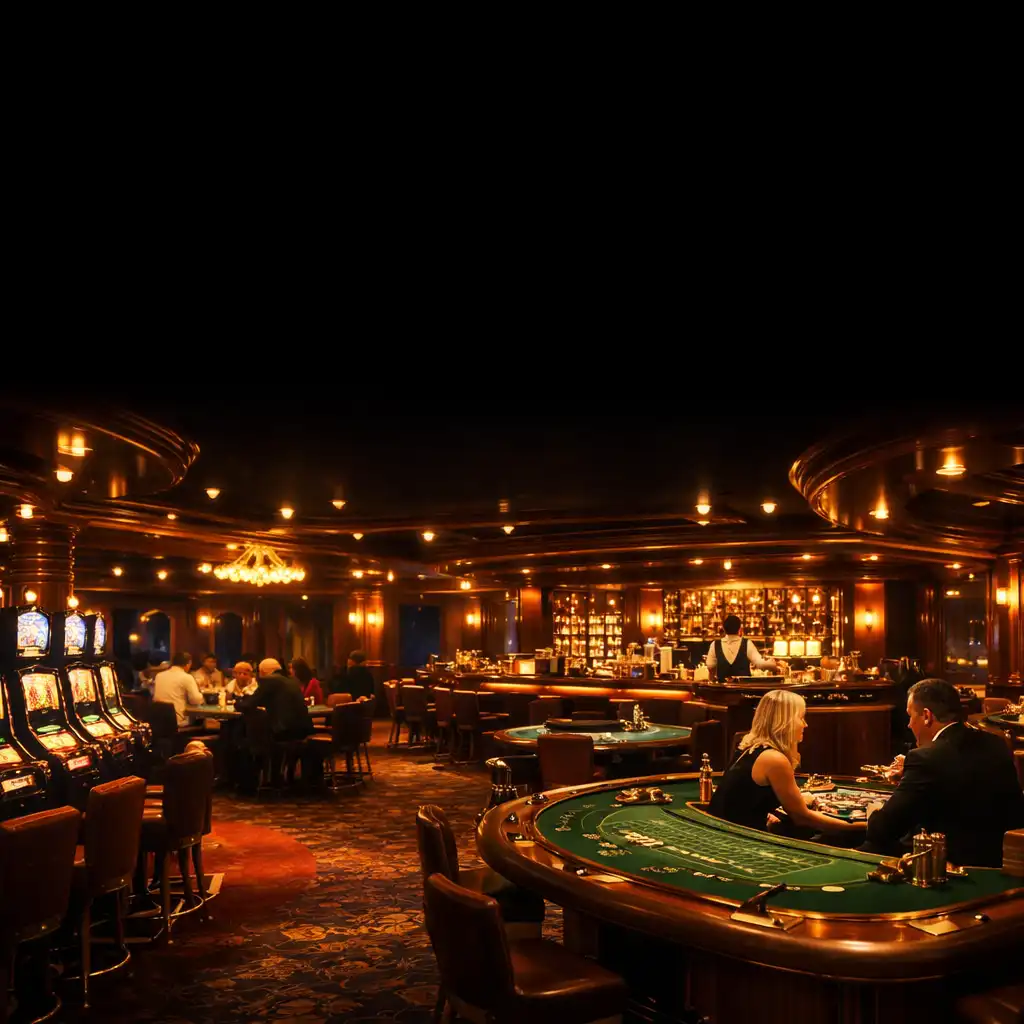 Luxurious cruise ship casino interior with gaming tables, slot machines, and warm golden lighting