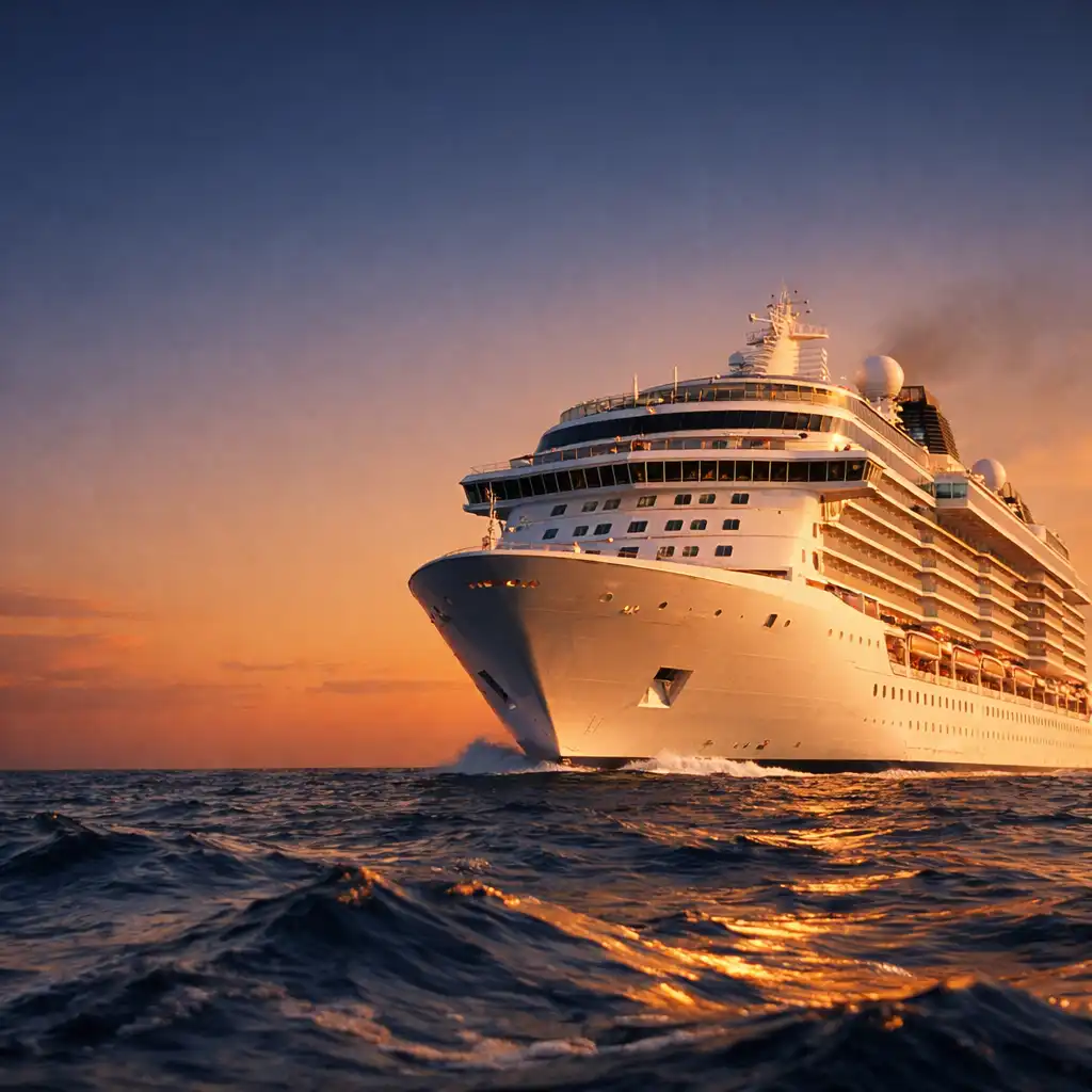 A modern cruise ship sailing on calm deep blue ocean during golden hour
