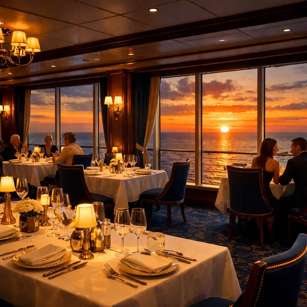 Elegant cruise ship restaurant with floor-to-ceiling windows overlooking the ocean at sunset