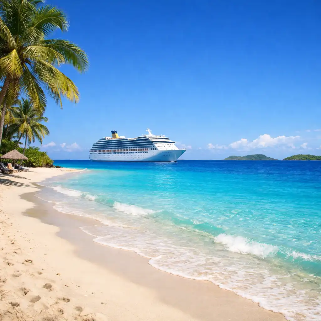 A pristine South Pacific island beach with turquoise water and a cruise ship anchored offshore