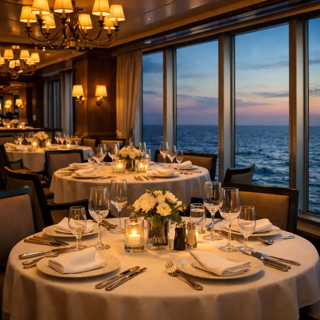 An elegant cruise ship restaurant with warm lighting and ocean views