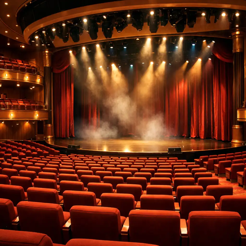 A grand cruise ship theatre with plush seats and dramatic stage lighting
