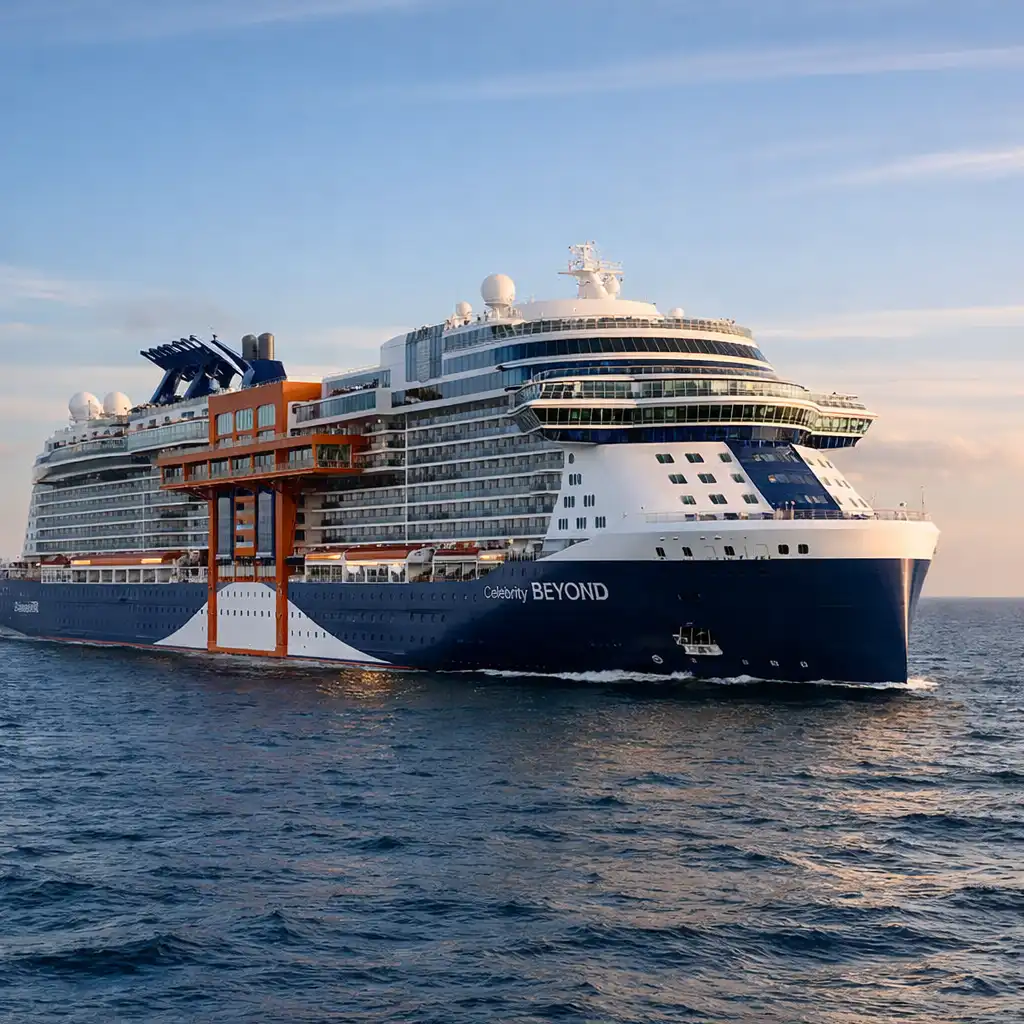 Celebrity Beyond at sea, showcasing its sleek modern design and Magic Carpet platform