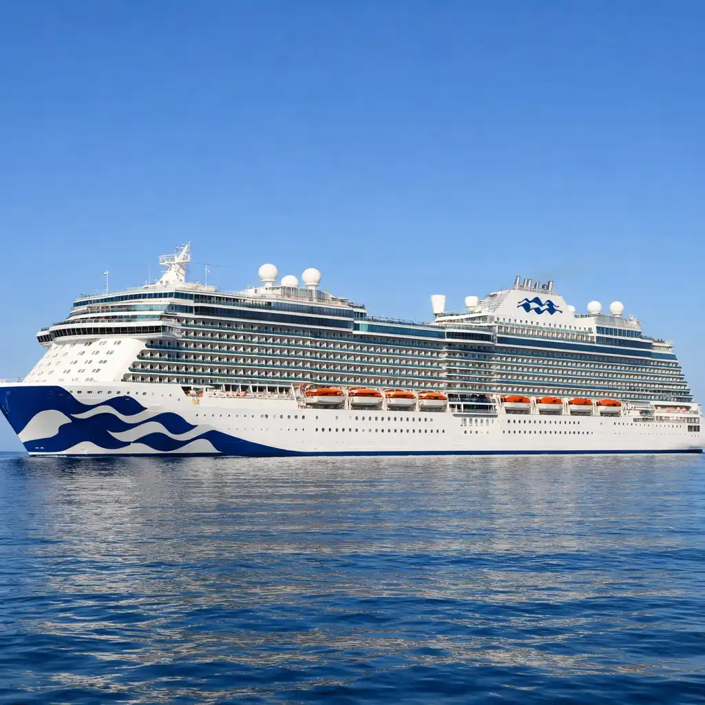 Discovery Princess sailing in calm waters with its distinctive blue hull