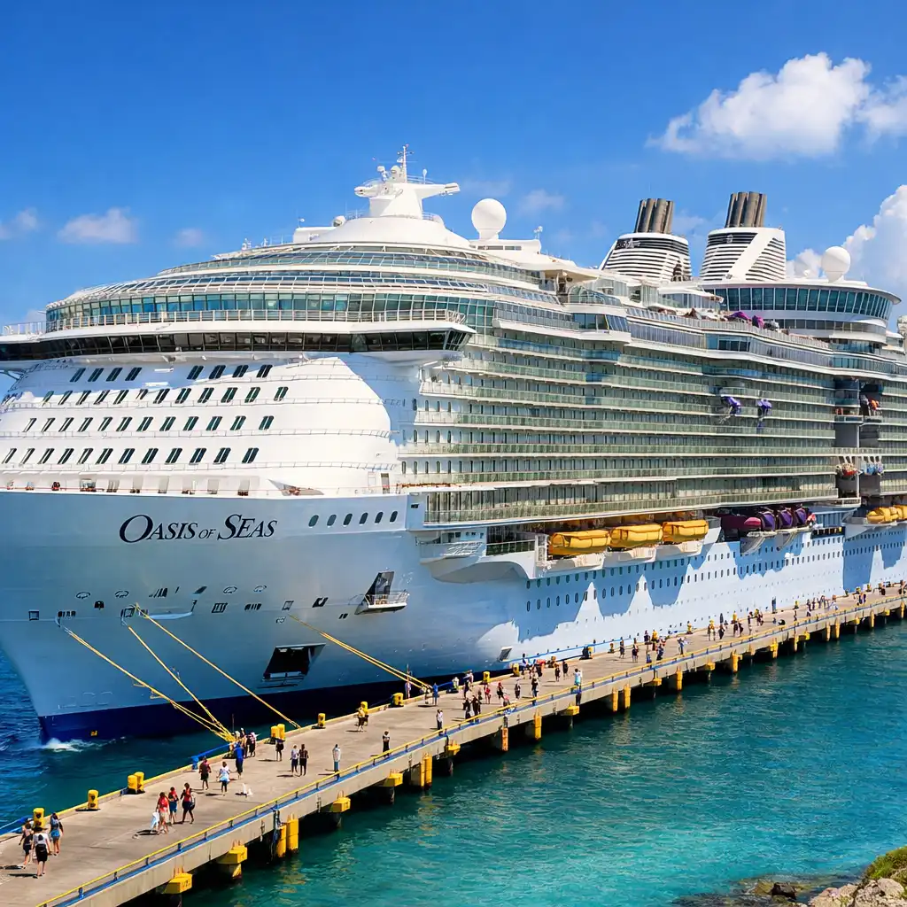 Oasis of the Seas docked at a sunny port, showing its massive size