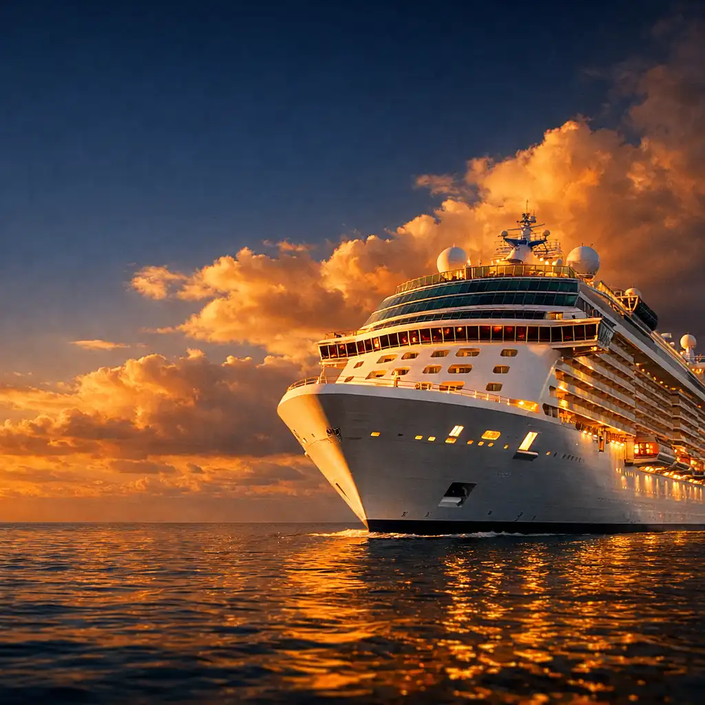 A modern cruise ship at sea during golden hour, with warm light reflecting on calm water