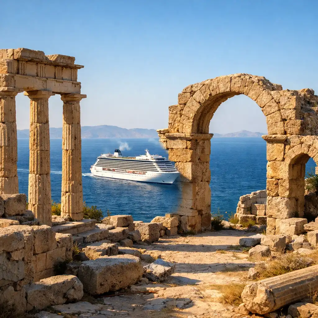 Ancient ruins overlooking a blue sea, with a cruise ship visible in the distance.
