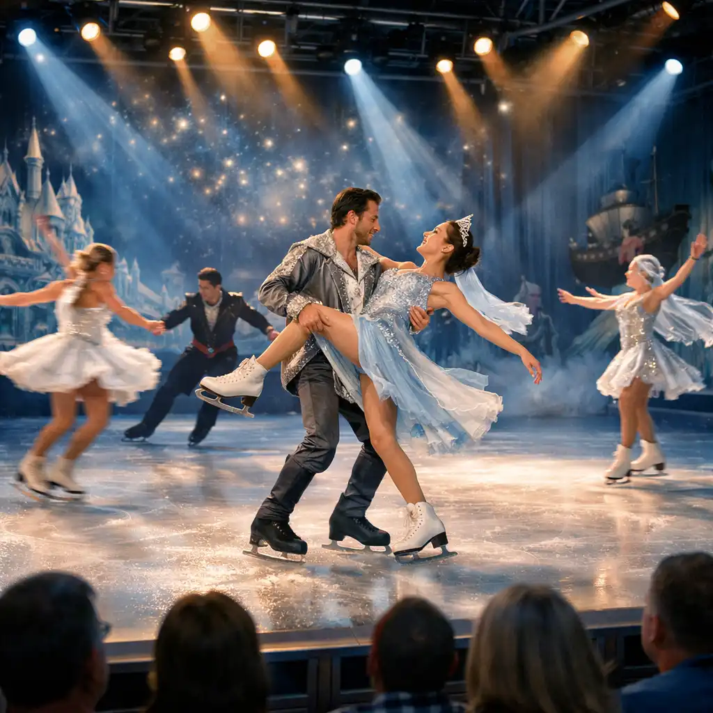 Ice skating production show on a cruise ship with professional skaters in elaborate costumes