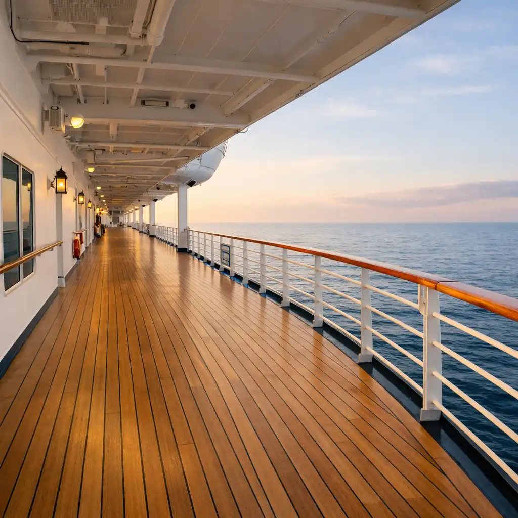 An elegant promenade deck on a cruise ship with ocean views
