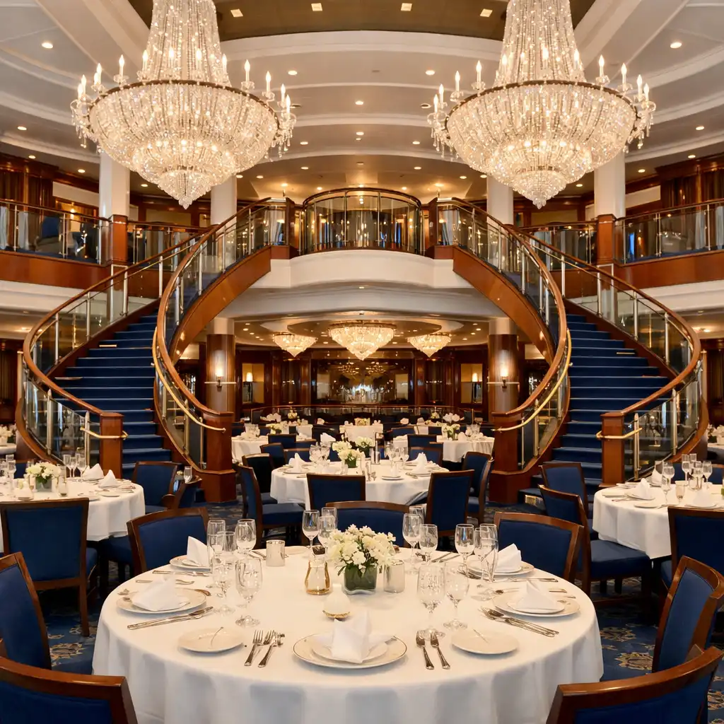 Grand main dining room on a luxury cruise ship with crystal chandeliers and elegant place settings
