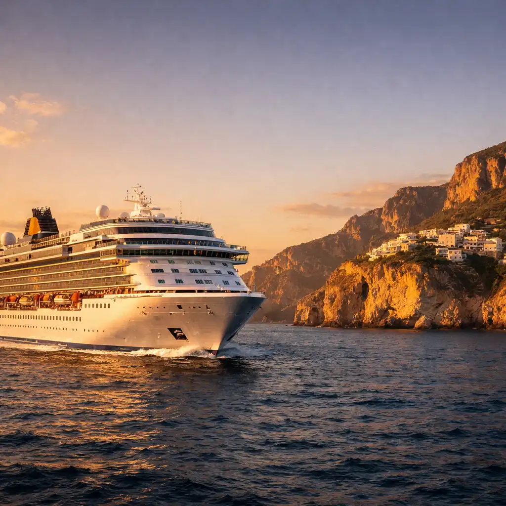 A modern cruise ship sailing along a dramatic Mediterranean coastline at golden hour, with rugged cliffs and a small village in the background.