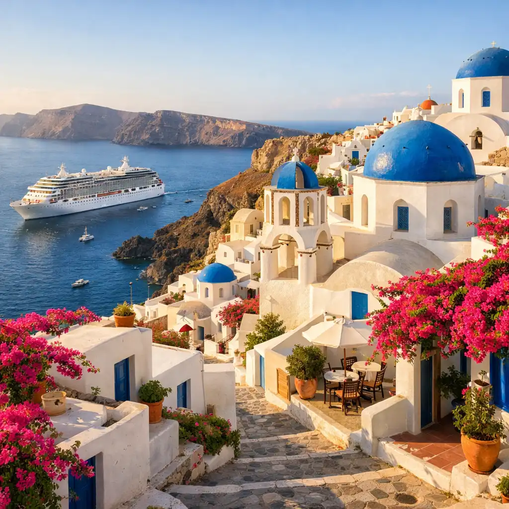 A picturesque Mediterranean village perched on a hillside overlooking the sea, with whitewashed houses and blue domes.