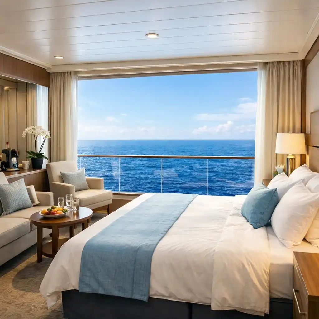 A bright ocean-view cruise cabin with a large picture window showing a panoramic sea view