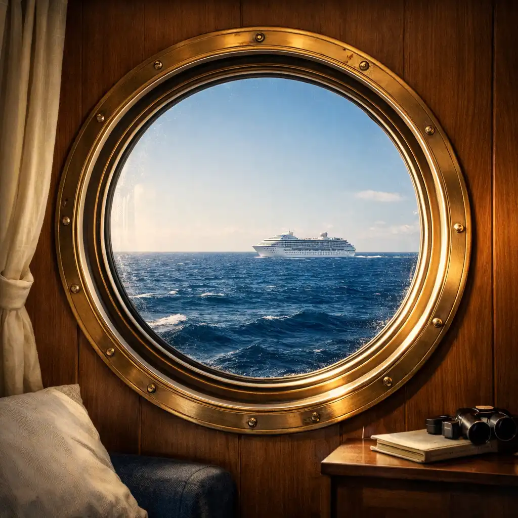 Close-up of a round porthole window in a cruise ship cabin framing a view of the deep blue sea
