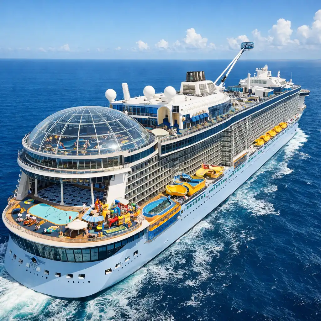 Ovation of the Seas cruise ship at sea showing its SeaPlex dome and top-deck pool area