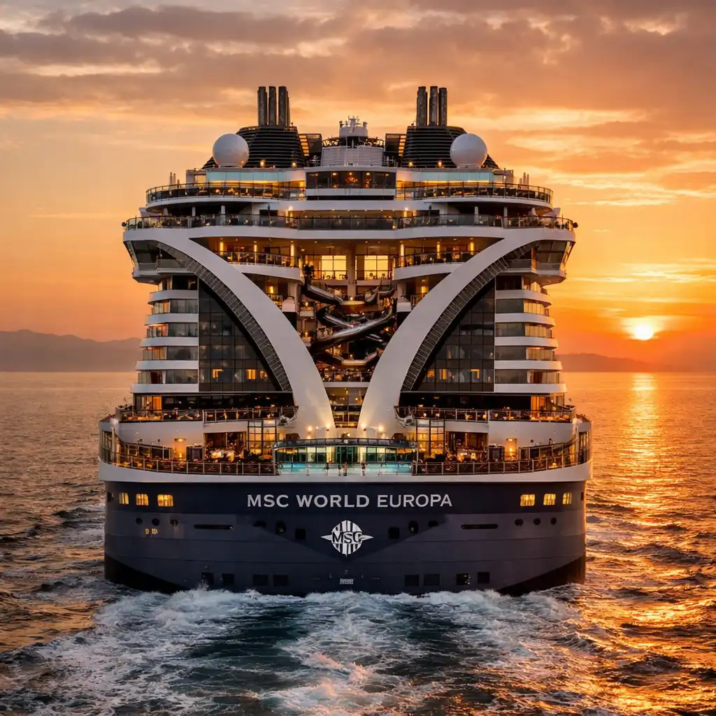 MSC World Europa at sea, showcasing its futuristic design and Y-shaped aft