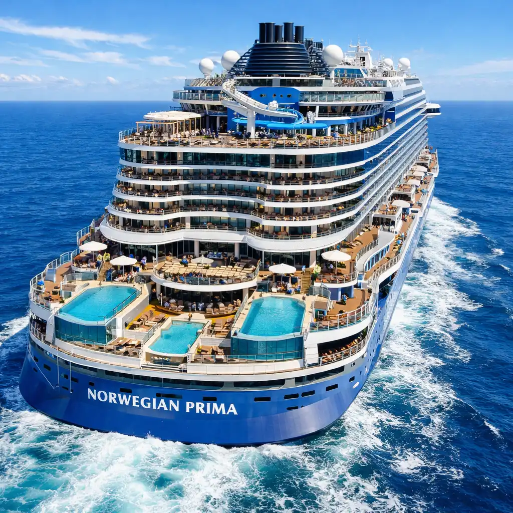 Norwegian Prima at sea, highlighting its innovative outdoor spaces and infinity pools