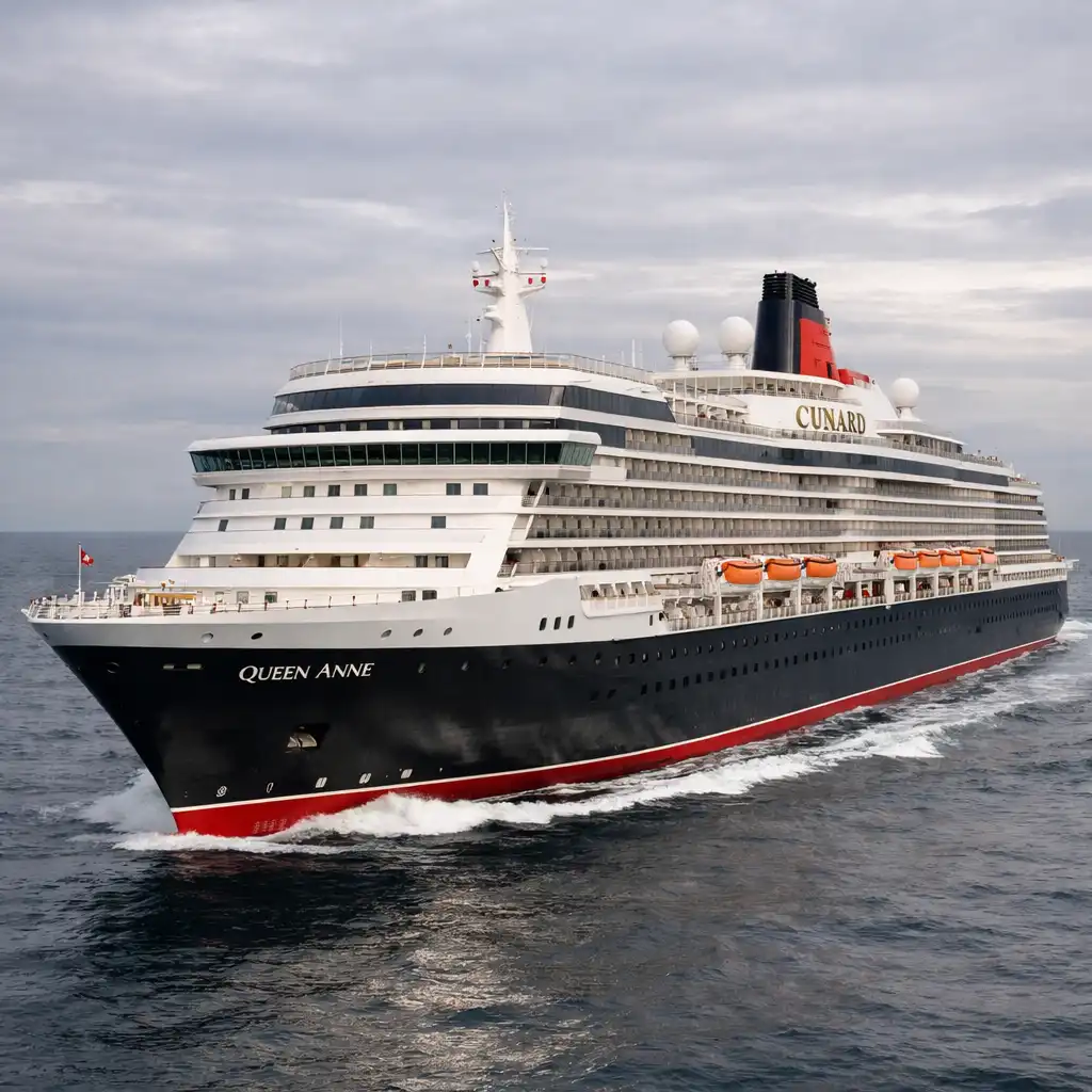 Queen Anne at sea, exuding classic ocean liner elegance