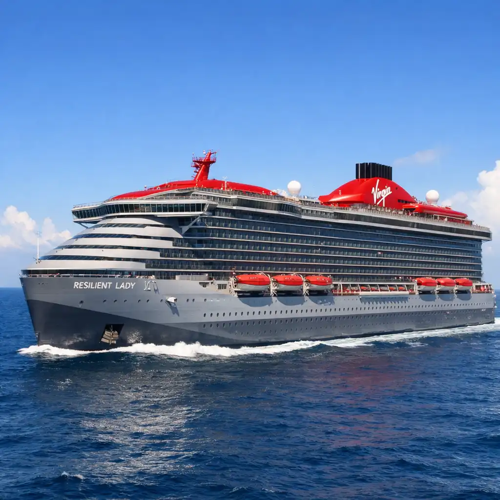 Resilient Lady at sea, with its sleek dark hull and red accents