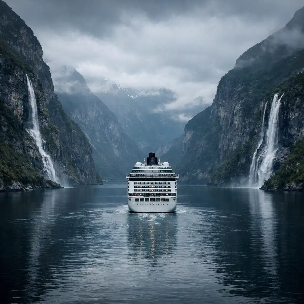 A cruise ship navigating through a narrow fjord with towering cliffs and waterfalls on both sides.