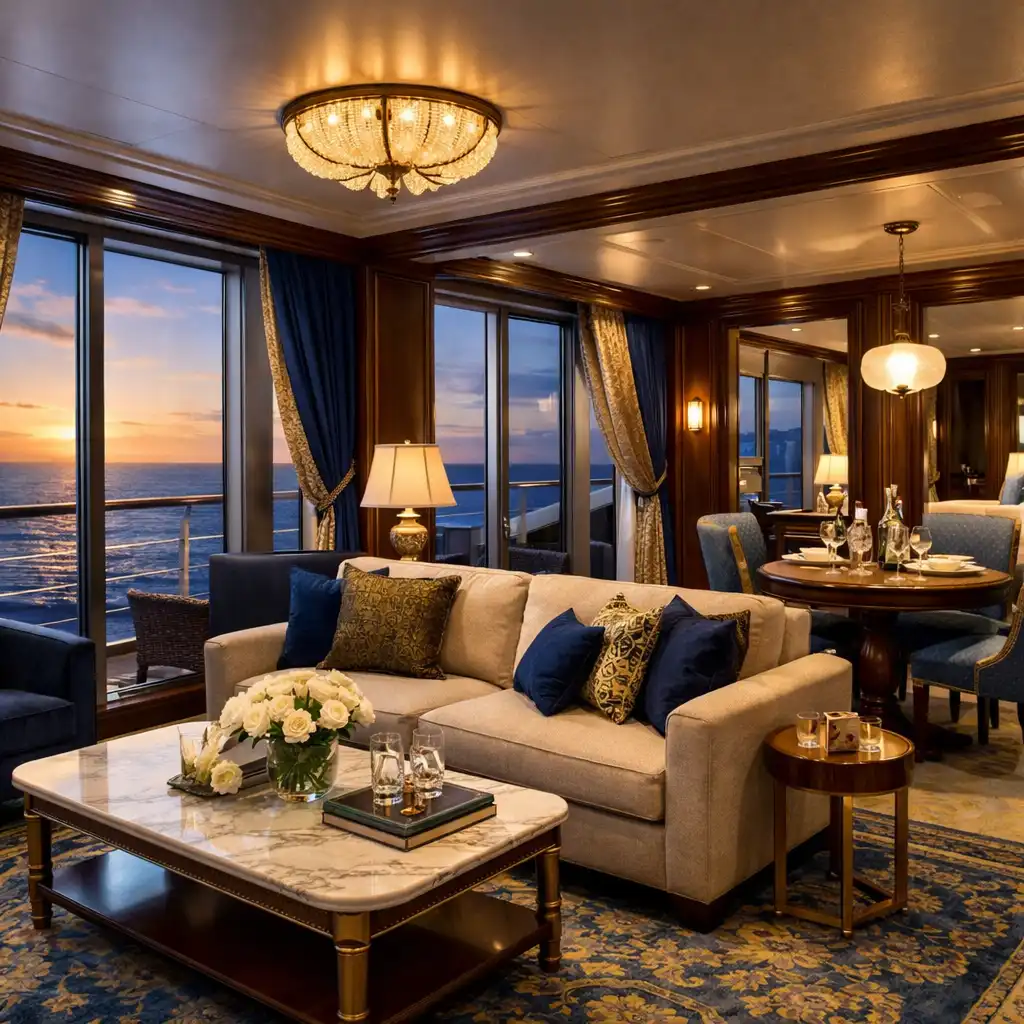 Opulent cruise ship suite interior with separate living area, elegant furnishings, and floor-to-ceiling windows