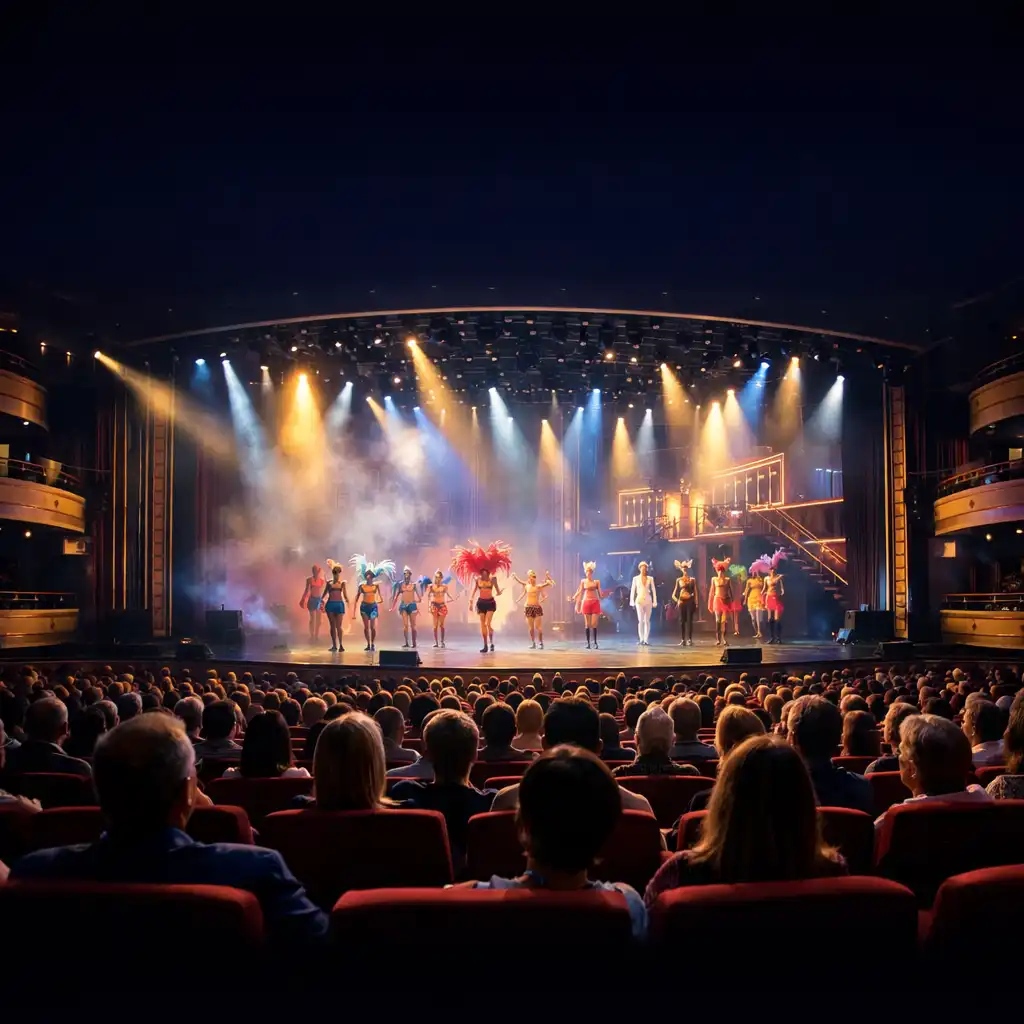 A modern cruise ship theatre during a production show with performers on stage and a large audience