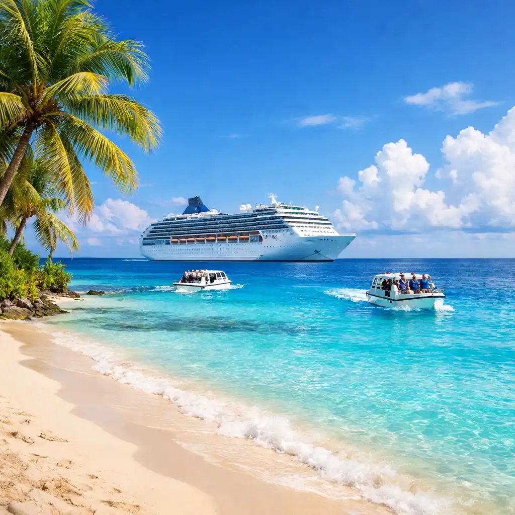 A pristine tropical island beach with turquoise water, white sand, palm trees, and a cruise ship anchored in the distance.