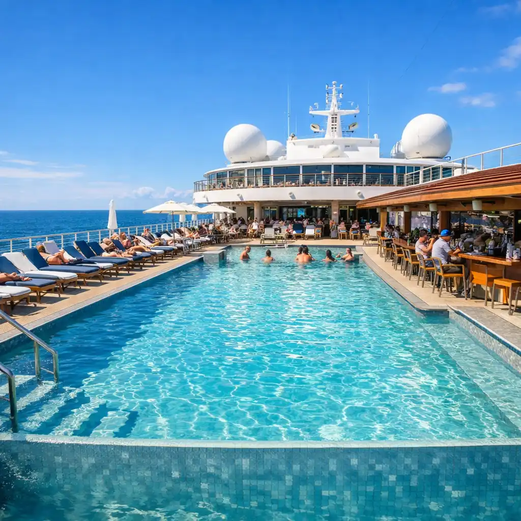 A sunny cruise ship pool deck with infinity pool and loungers